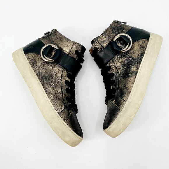 Frye Black Leather Brushed Gold Distressed High Top Sneakers - Picture 2 of 6